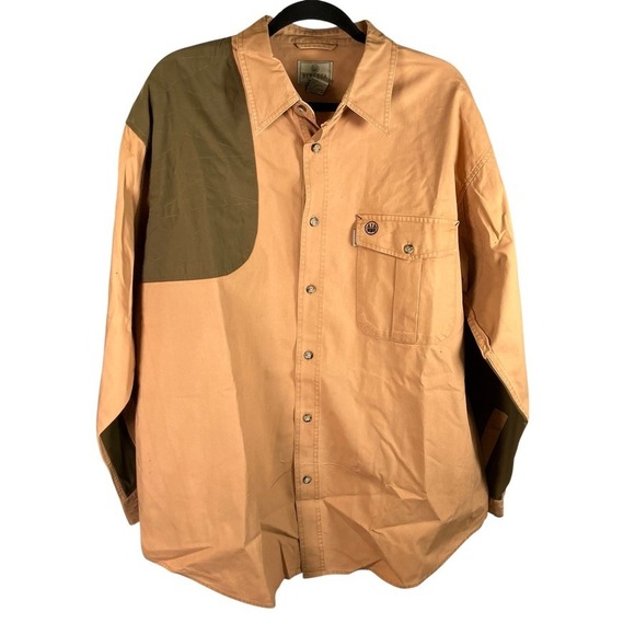 Beretta XL Mens Shooting Shirt Long Sleeve Tan Green Patch Cotton Blend Vintage - Picture 1 of 16